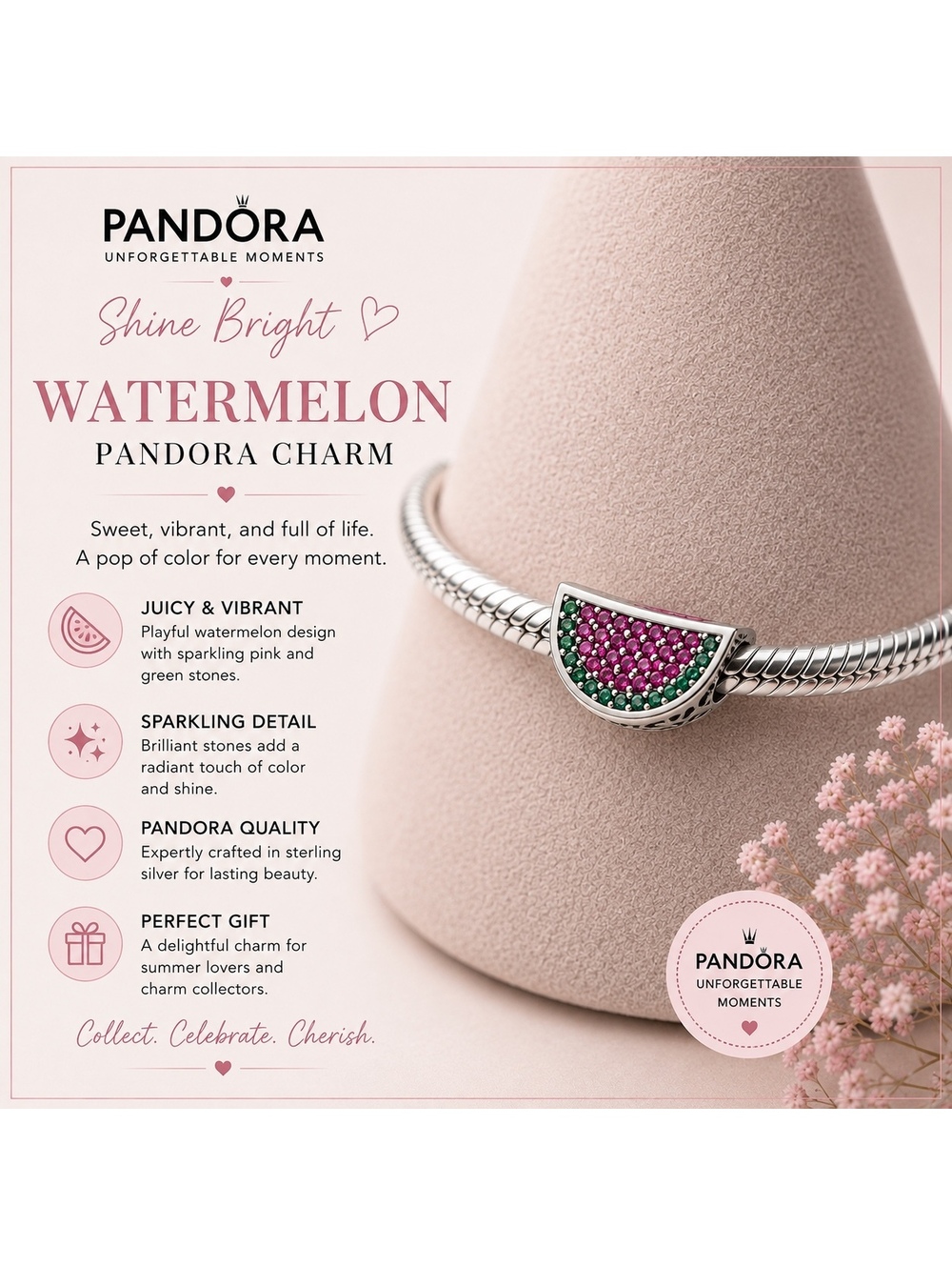 Pandora Watermelon Charm Sterling Silver with Pink and Green Stones